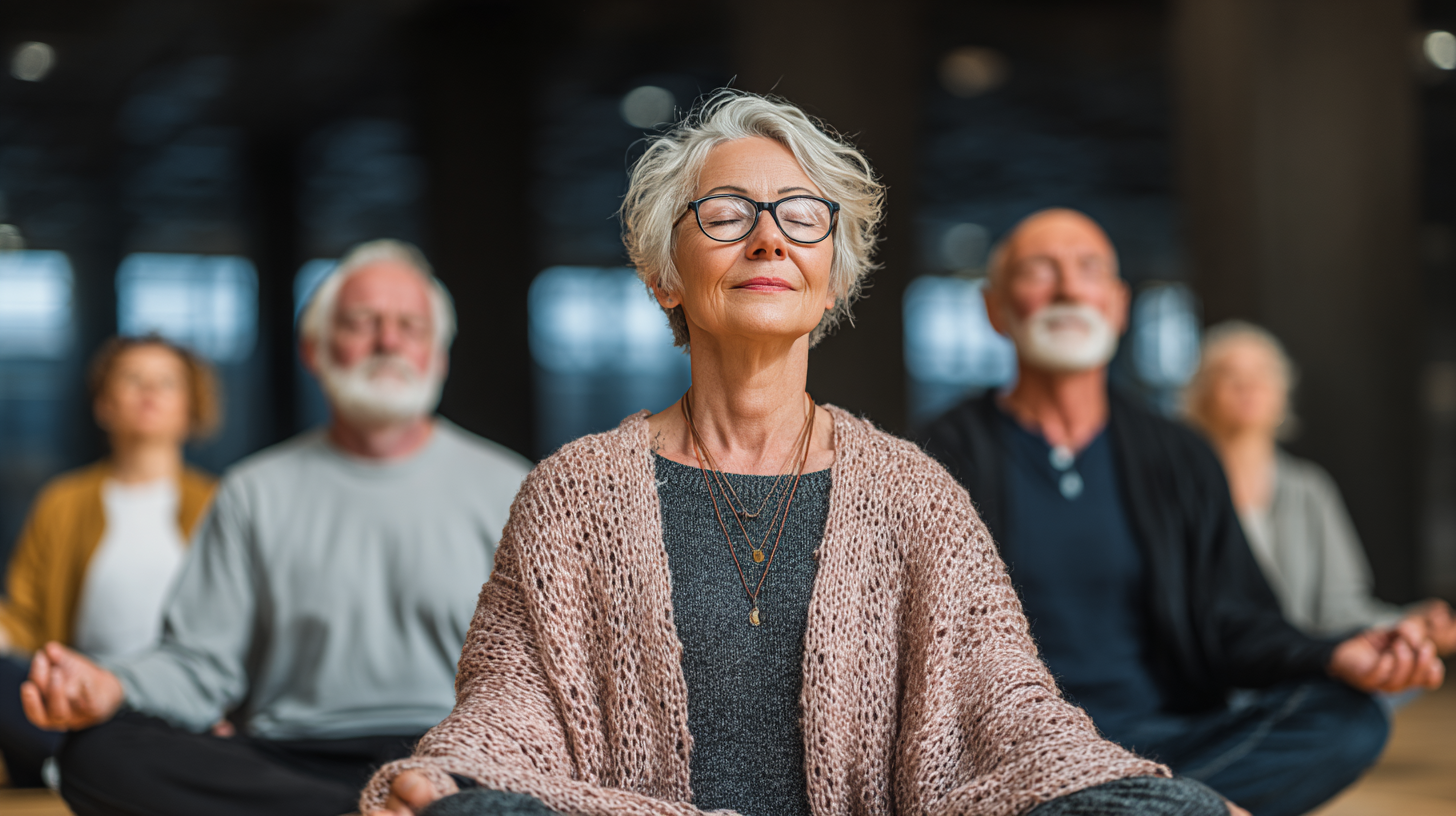 Seniori practicând yoga în studio modern